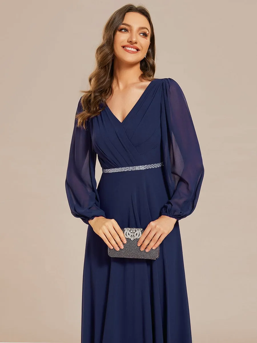 Pleated Double V-Neck Long Sleeves Shiny Belt Chiffon Mother of the Bride Dress