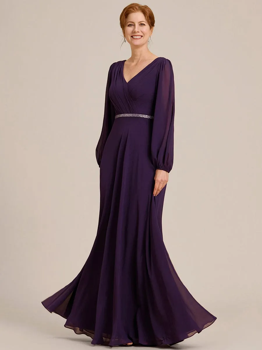 Pleated Double V-Neck Long Sleeves Shiny Belt Chiffon Mother of the Bride Dress