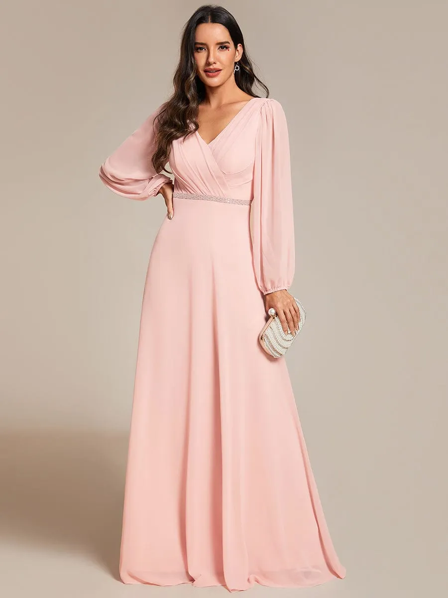 Pleated Double V-Neck Long Sleeves Shiny Belt Chiffon Mother of the Bride Dress