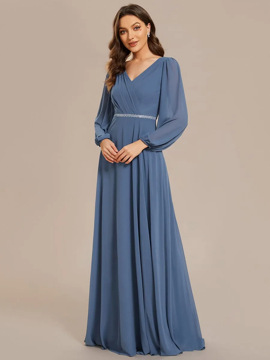 Pleated Double V-Neck Long Sleeves Shiny Belt Chiffon Mother of the Bride Dress