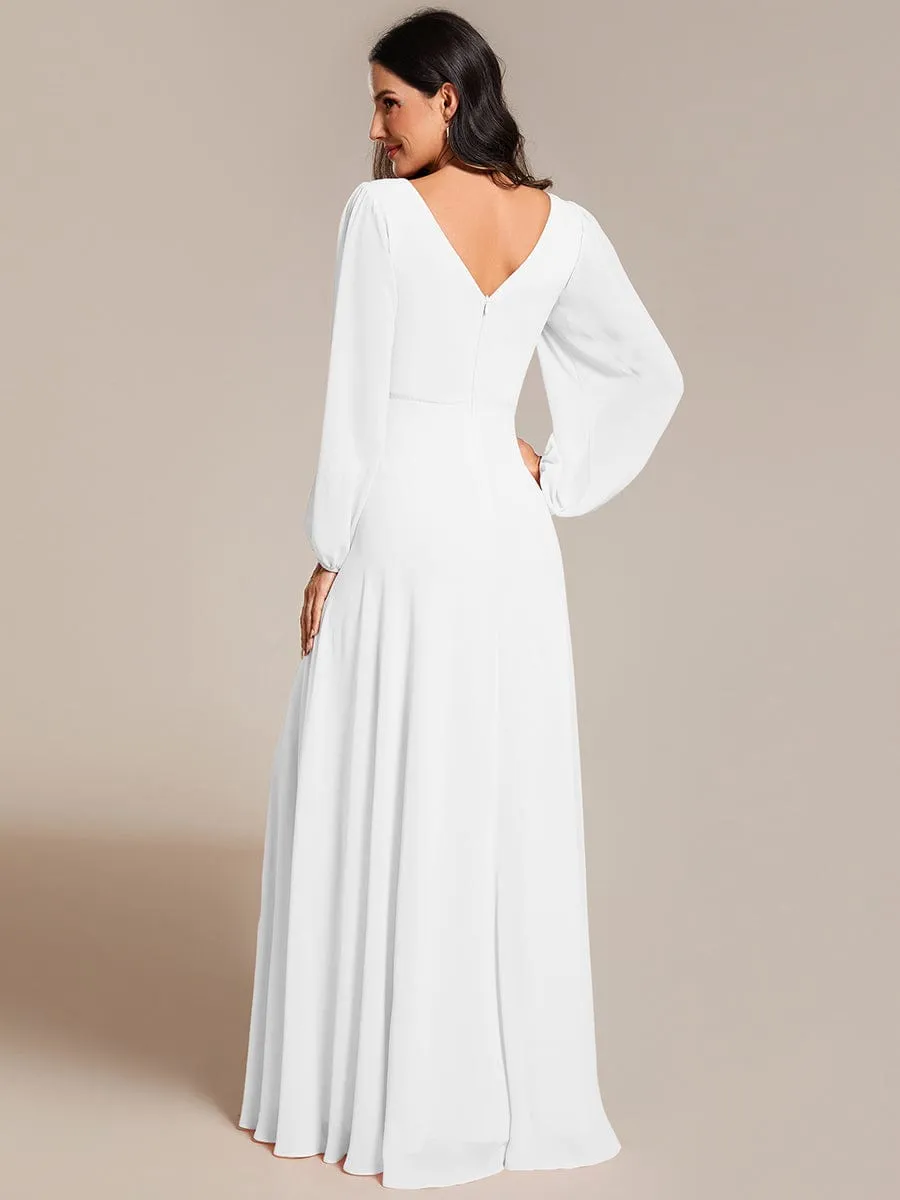 Pleated Double V-Neck Long Sleeves Shiny Belt Chiffon Mother of the Bride Dress