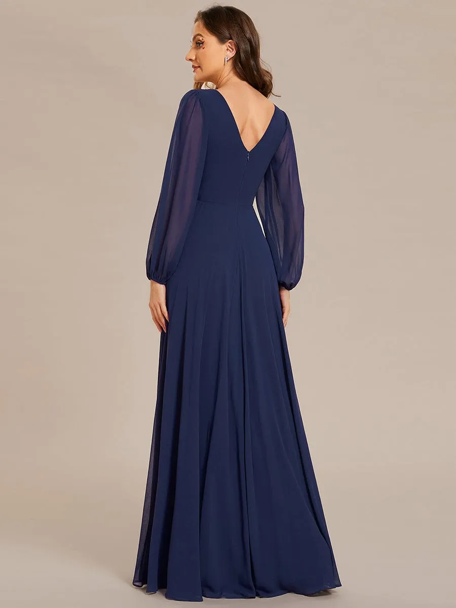 Pleated Double V-Neck Long Sleeves Shiny Belt Chiffon Mother of the Bride Dress