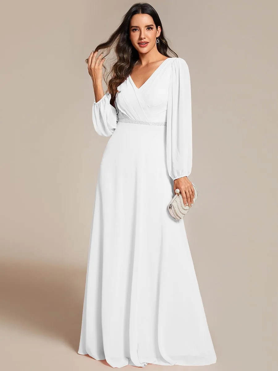 Pleated Double V-Neck Long Sleeves Shiny Belt Chiffon Mother of the Bride Dress