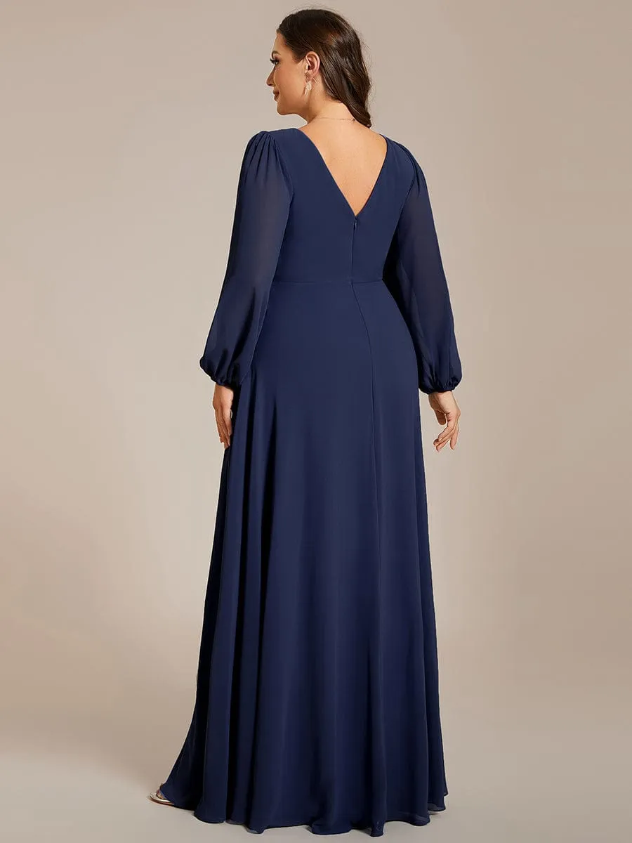 Pleated Double V-Neck Long Sleeves Shiny Belt Chiffon Mother of the Bride Dress