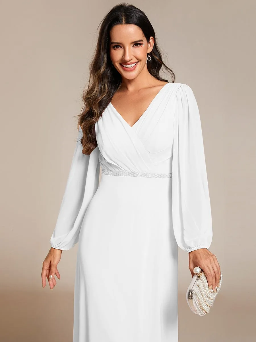 Pleated Double V-Neck Long Sleeves Shiny Belt Chiffon Mother of the Bride Dress