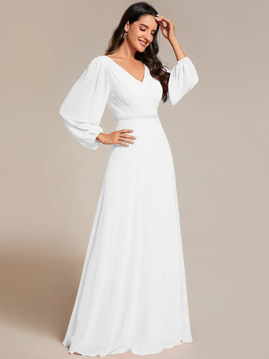 Pleated Double V-Neck Long Sleeves Shiny Belt Chiffon Mother of the Bride Dress