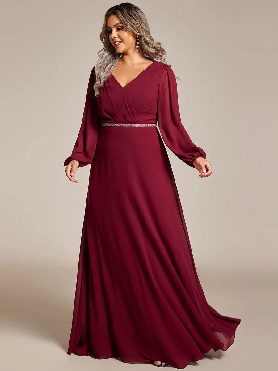 Pleated Double V-Neck Long Sleeves Shiny Belt Chiffon Mother of the Bride Dress