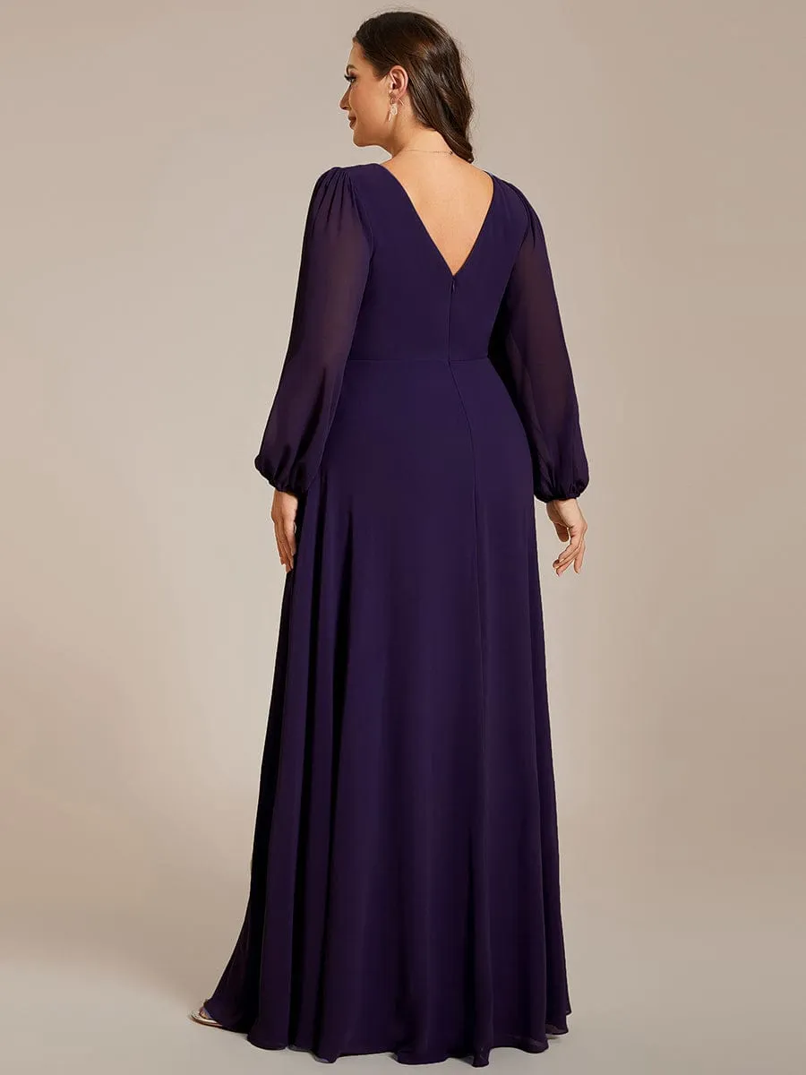 Pleated Double V-Neck Long Sleeves Shiny Belt Chiffon Mother of the Bride Dress