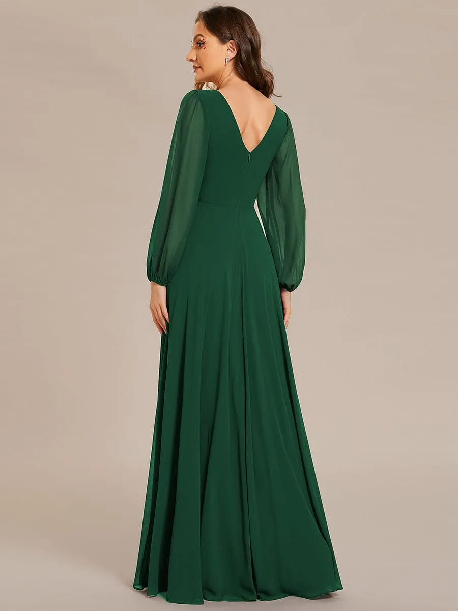 Pleated Double V-Neck Long Sleeves Shiny Belt Chiffon Mother of the Bride Dress