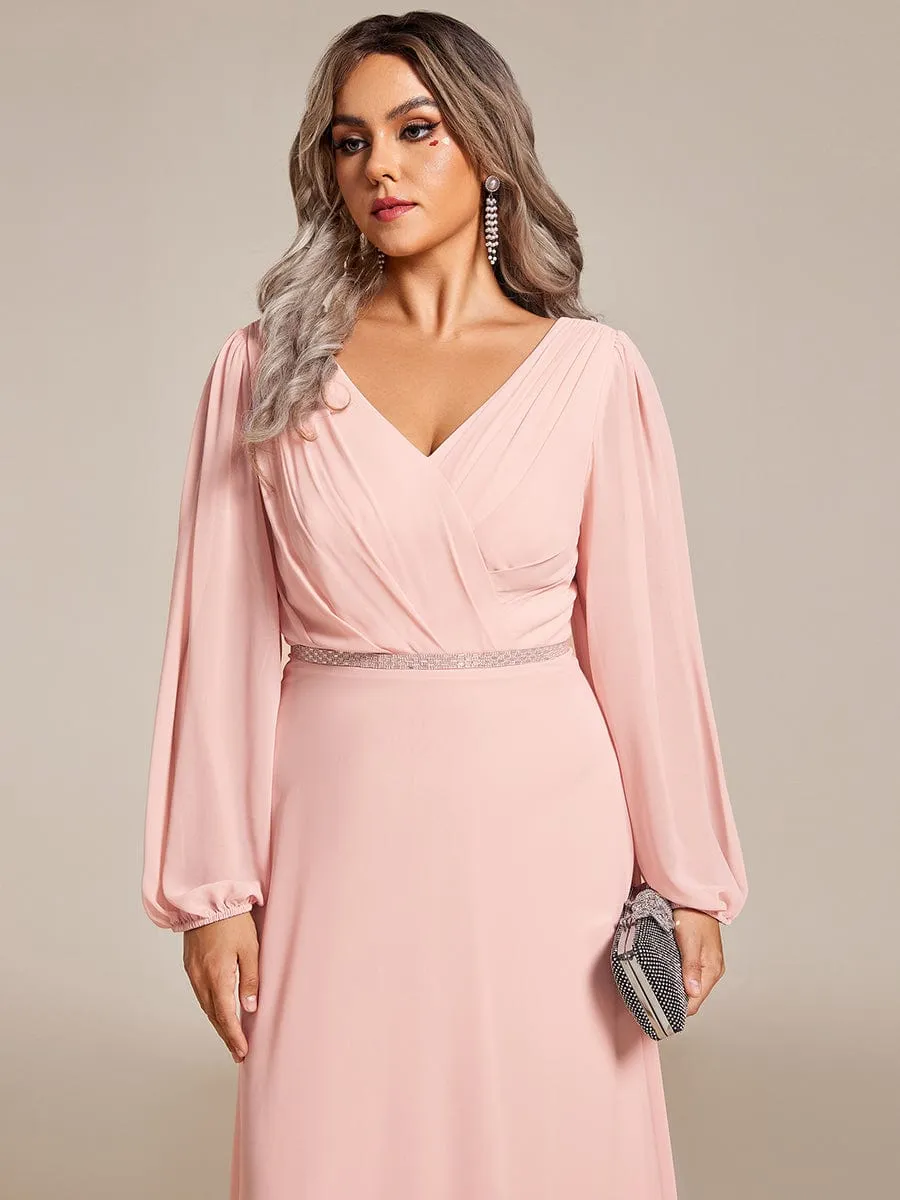 Pleated Double V-Neck Long Sleeves Shiny Belt Chiffon Mother of the Bride Dress