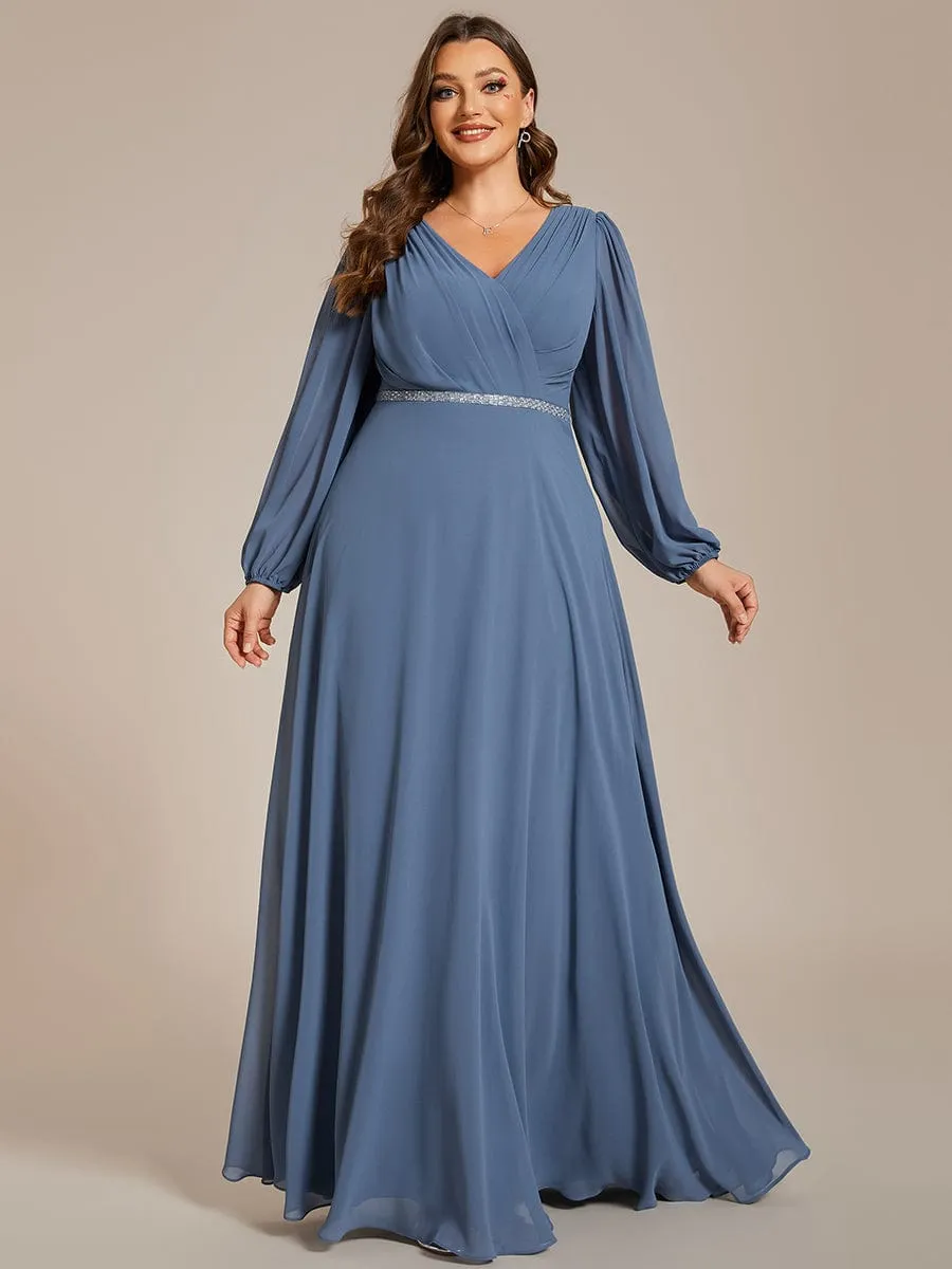 Pleated Double V-Neck Long Sleeves Shiny Belt Chiffon Mother of the Bride Dress