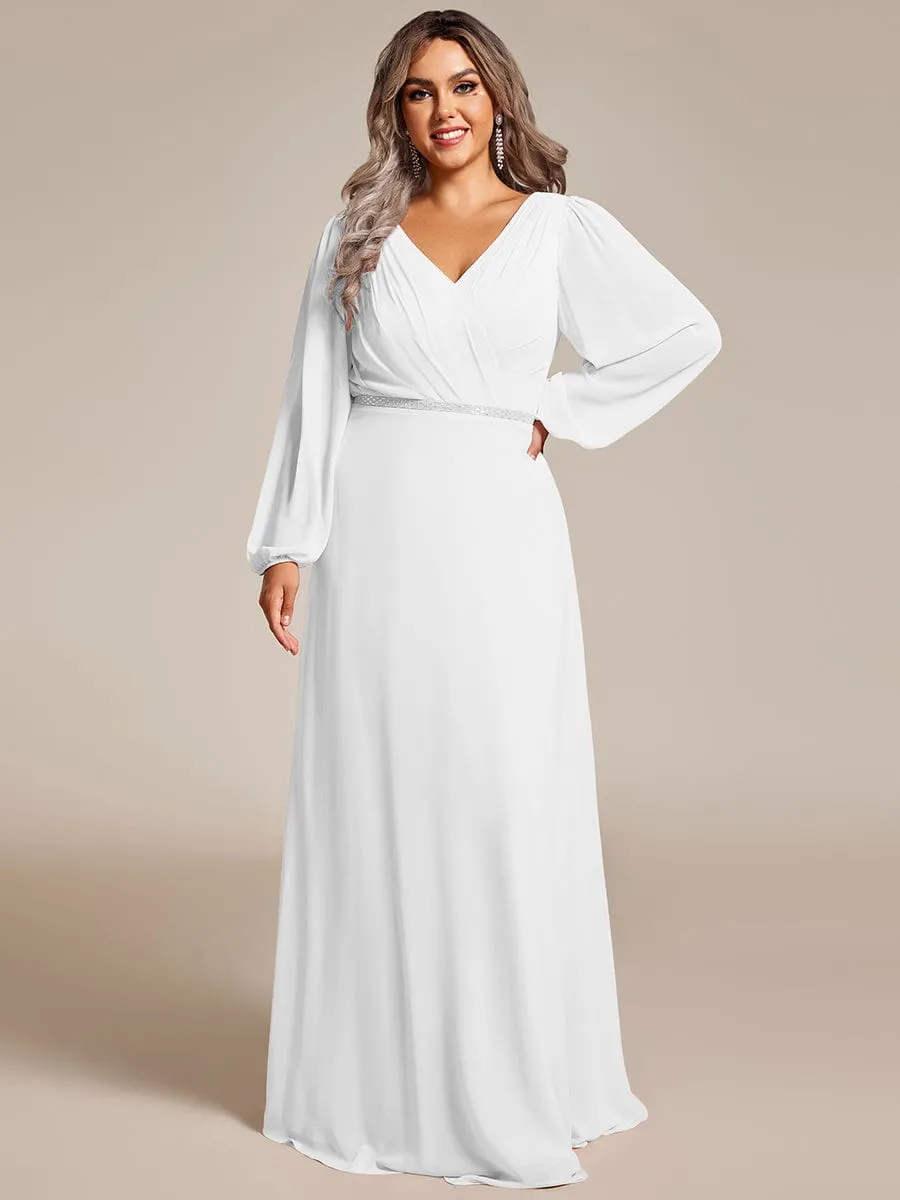 Pleated Double V-Neck Long Sleeves Shiny Belt Chiffon Mother of the Bride Dress