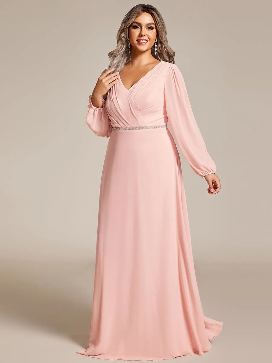 Pleated Double V-Neck Long Sleeves Shiny Belt Chiffon Mother of the Bride Dress