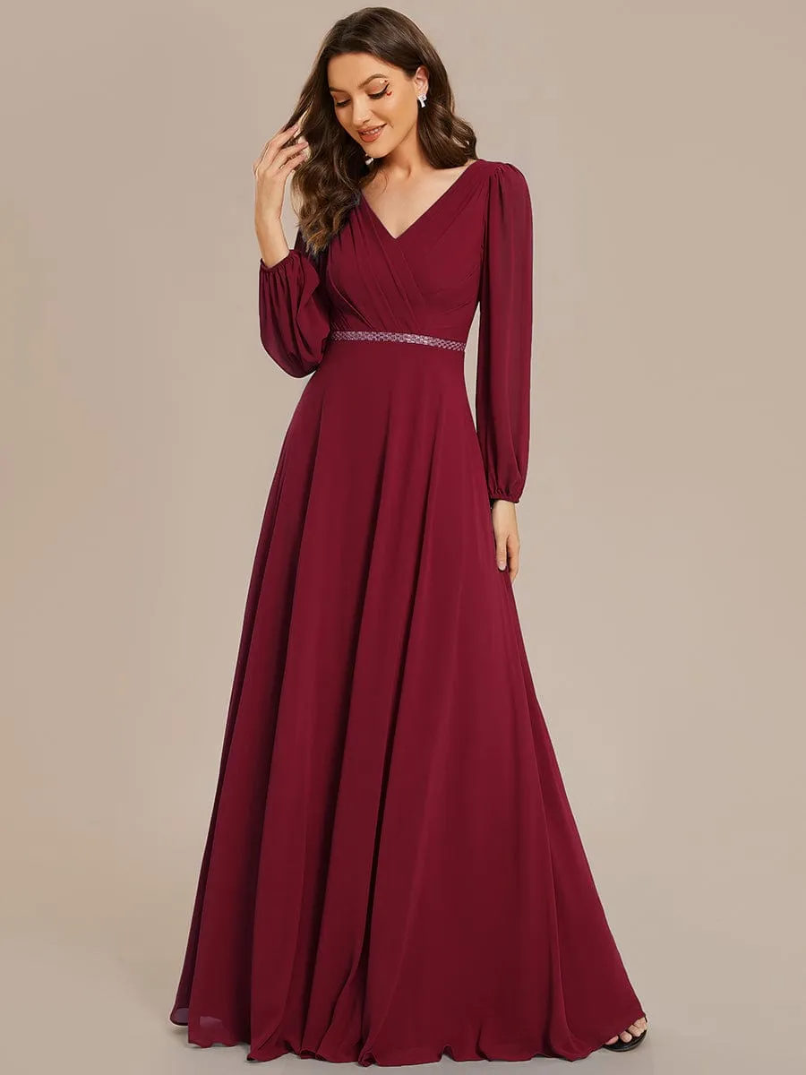 Pleated Double V-Neck Long Sleeves Shiny Belt Chiffon Mother of the Bride Dress