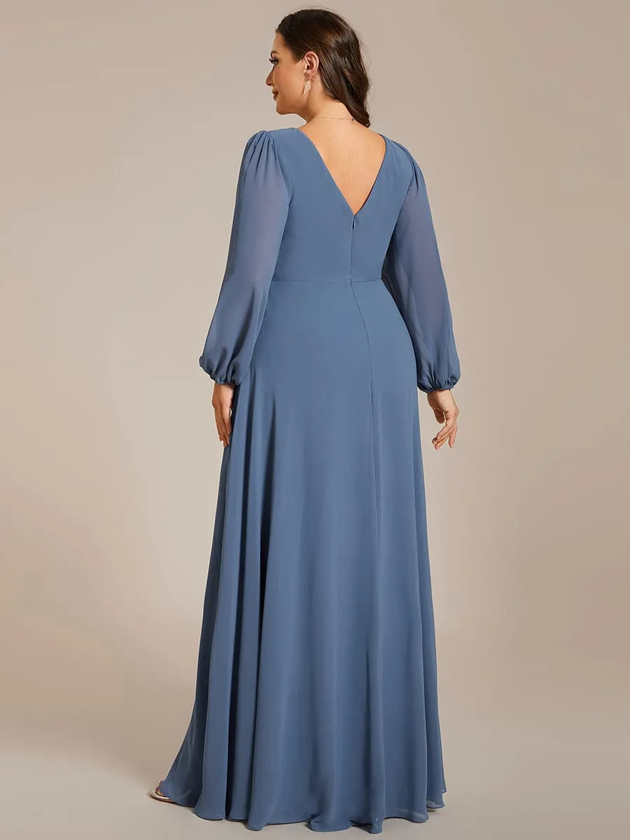 Pleated Double V-Neck Long Sleeves Shiny Belt Chiffon Mother of the Bride Dress