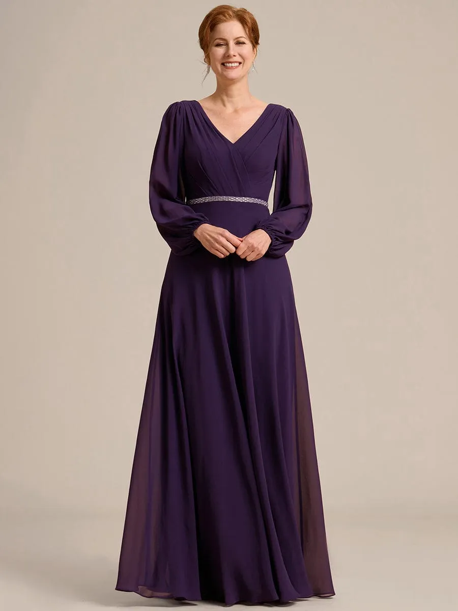 Pleated Double V-Neck Long Sleeves Shiny Belt Chiffon Mother of the Bride Dress