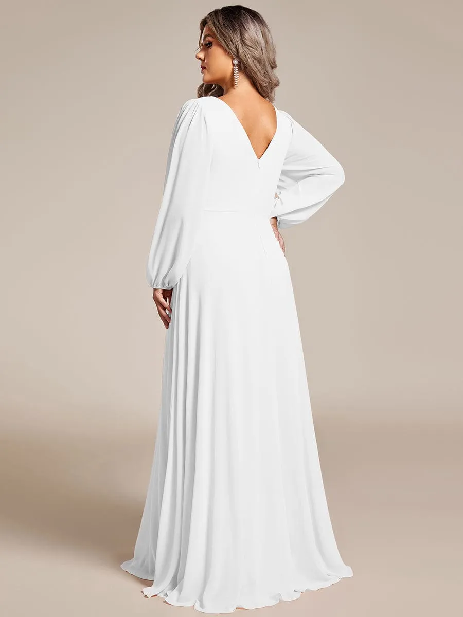 Pleated Double V-Neck Long Sleeves Shiny Belt Chiffon Mother of the Bride Dress