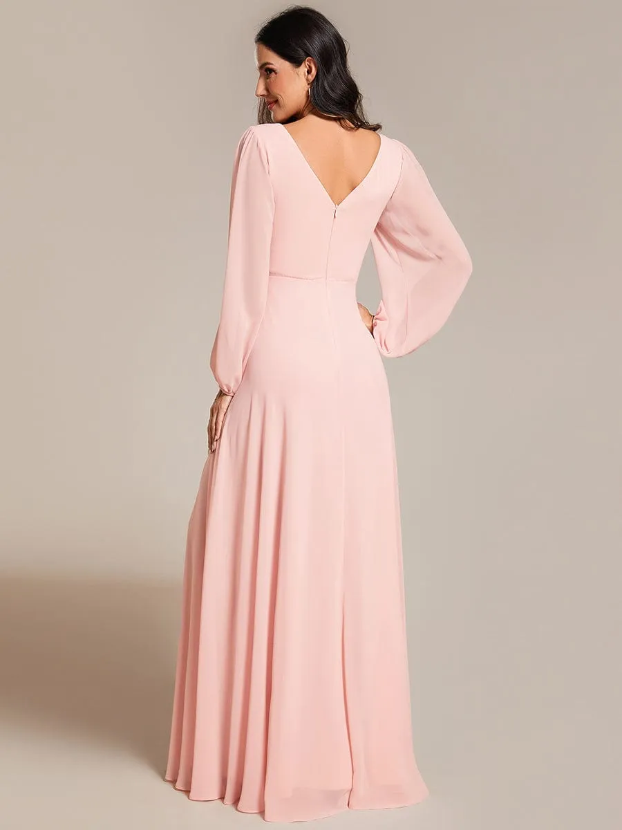 Pleated Double V-Neck Long Sleeves Shiny Belt Chiffon Mother of the Bride Dress