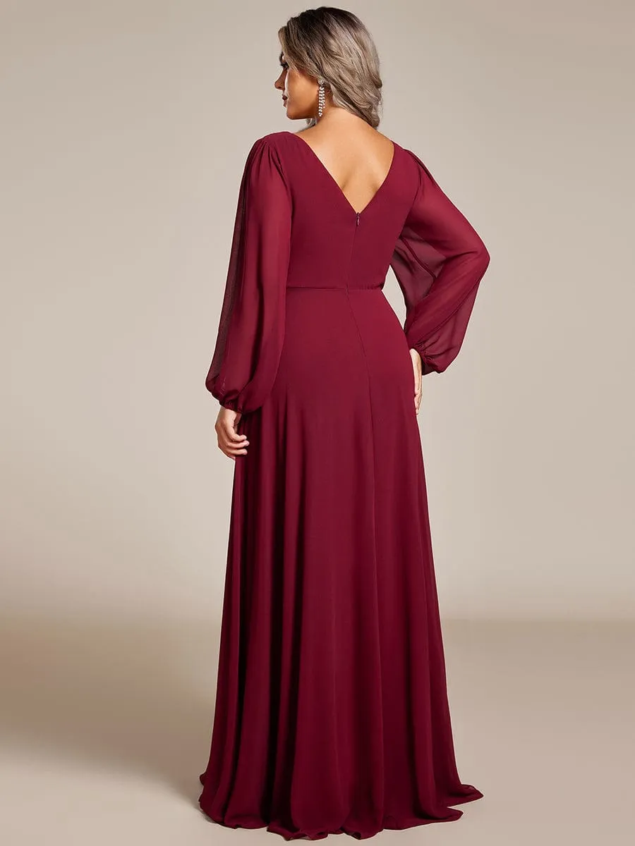 Pleated Double V-Neck Long Sleeves Shiny Belt Chiffon Mother of the Bride Dress