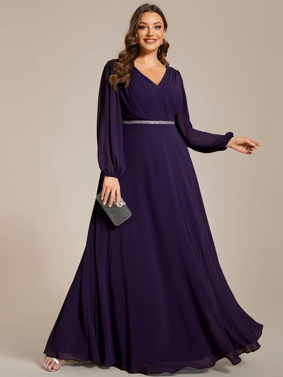 Pleated Double V-Neck Long Sleeves Shiny Belt Chiffon Mother of the Bride Dress