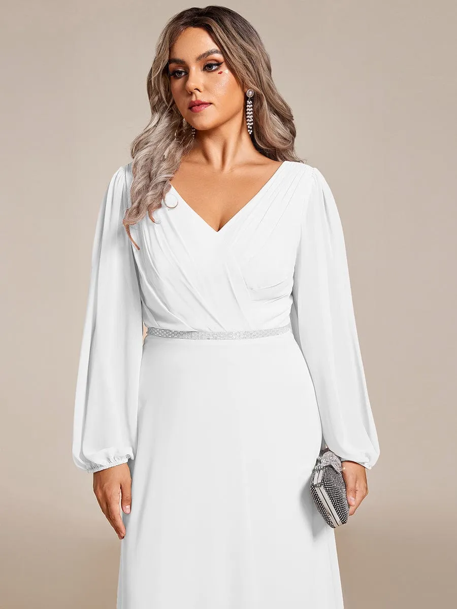 Pleated Double V-Neck Long Sleeves Shiny Belt Chiffon Mother of the Bride Dress