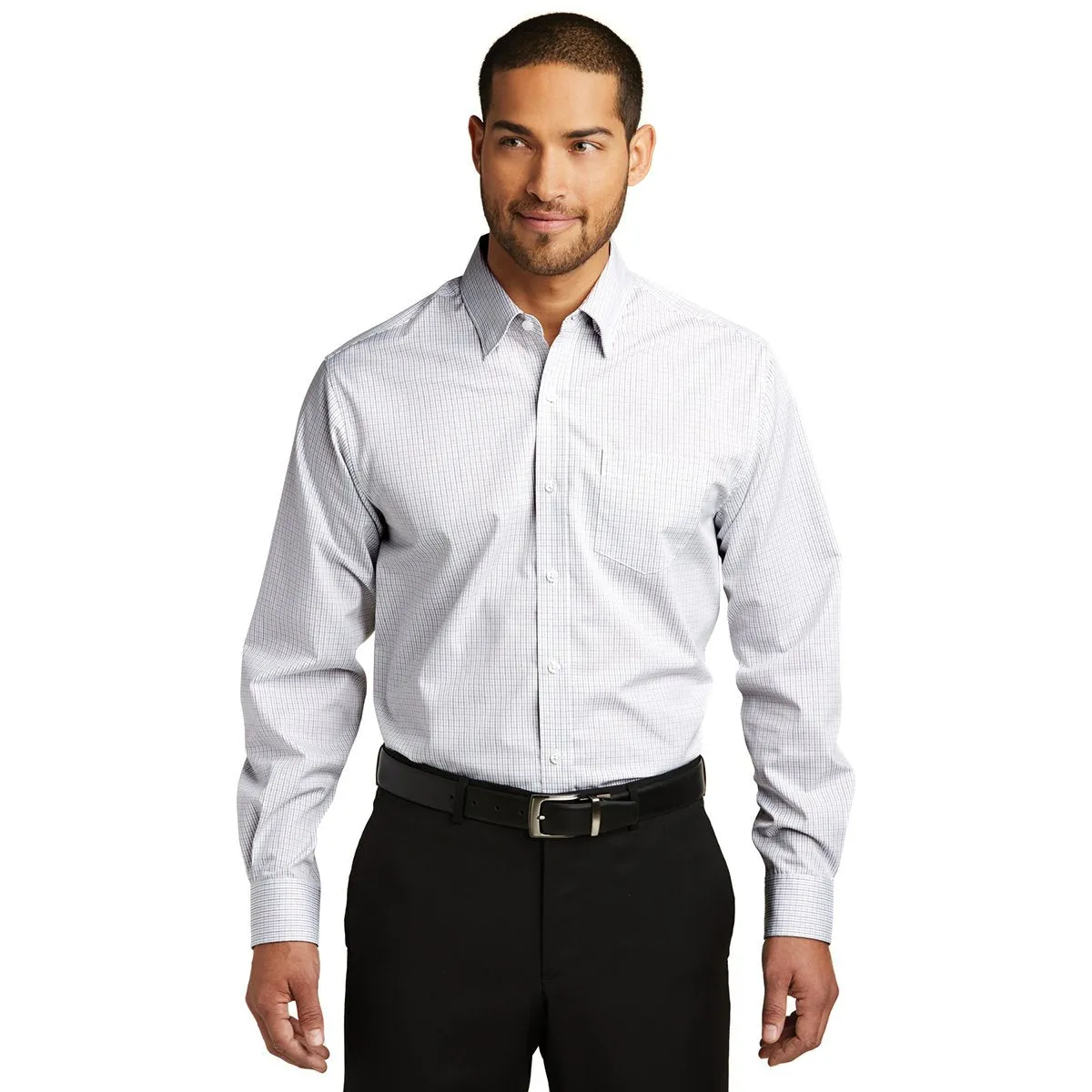 Port Authority Men's White/Dark Grey Micro Tattersall Easy Care Shirt