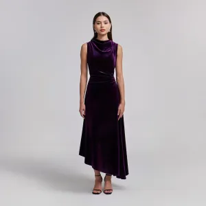 Purple Velvet Midi Dress With Asymmetric Skirt