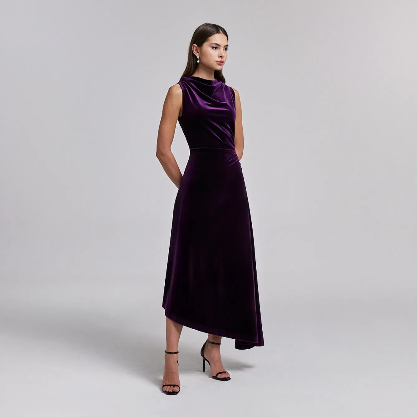 Purple Velvet Midi Dress With Asymmetric Skirt