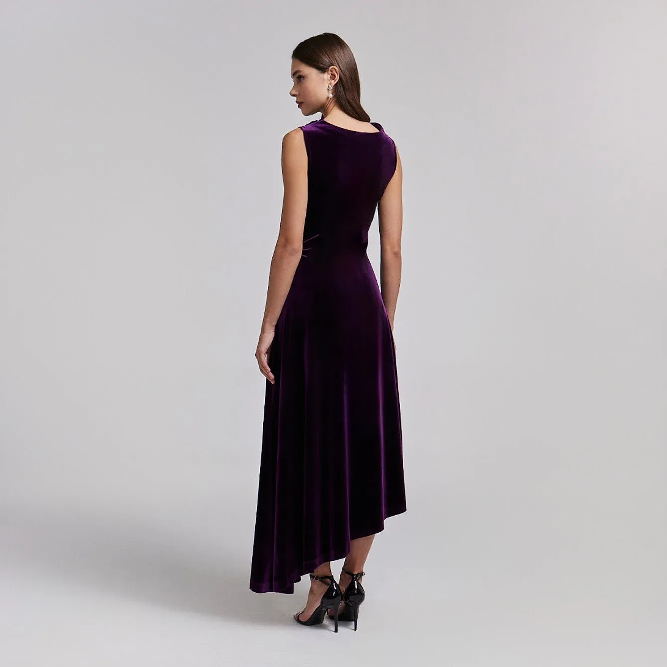 Purple Velvet Midi Dress With Asymmetric Skirt