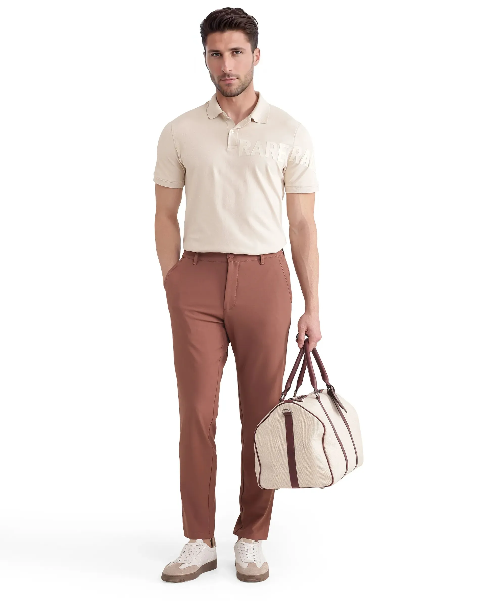 Rare Rabbit Men Driver-2 Dusky Rust Cotton Elastane Fabric Button Closure Plain Trouser