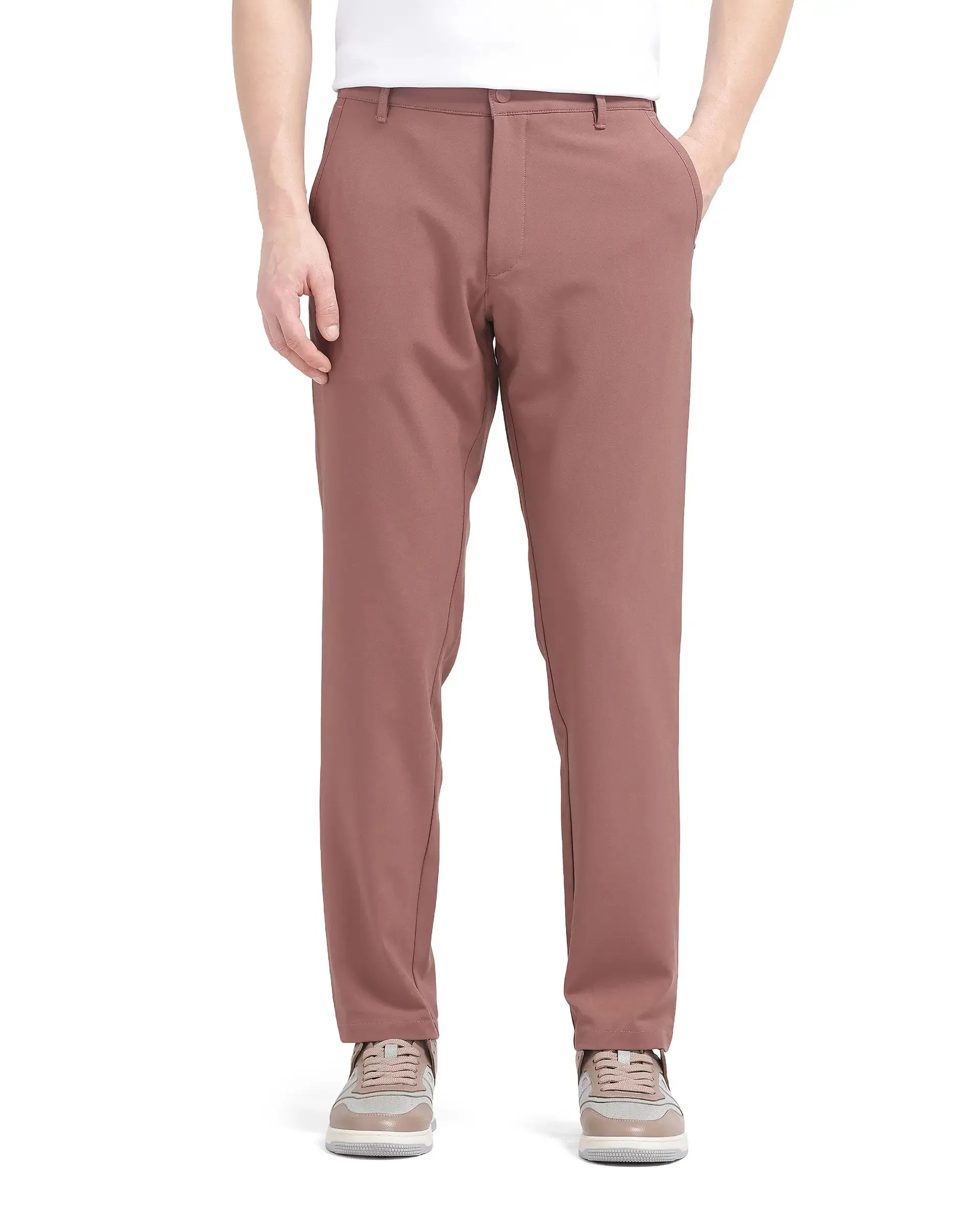 Rare Rabbit Men Driver-2 Dusky Rust Cotton Elastane Fabric Button Closure Plain Trouser