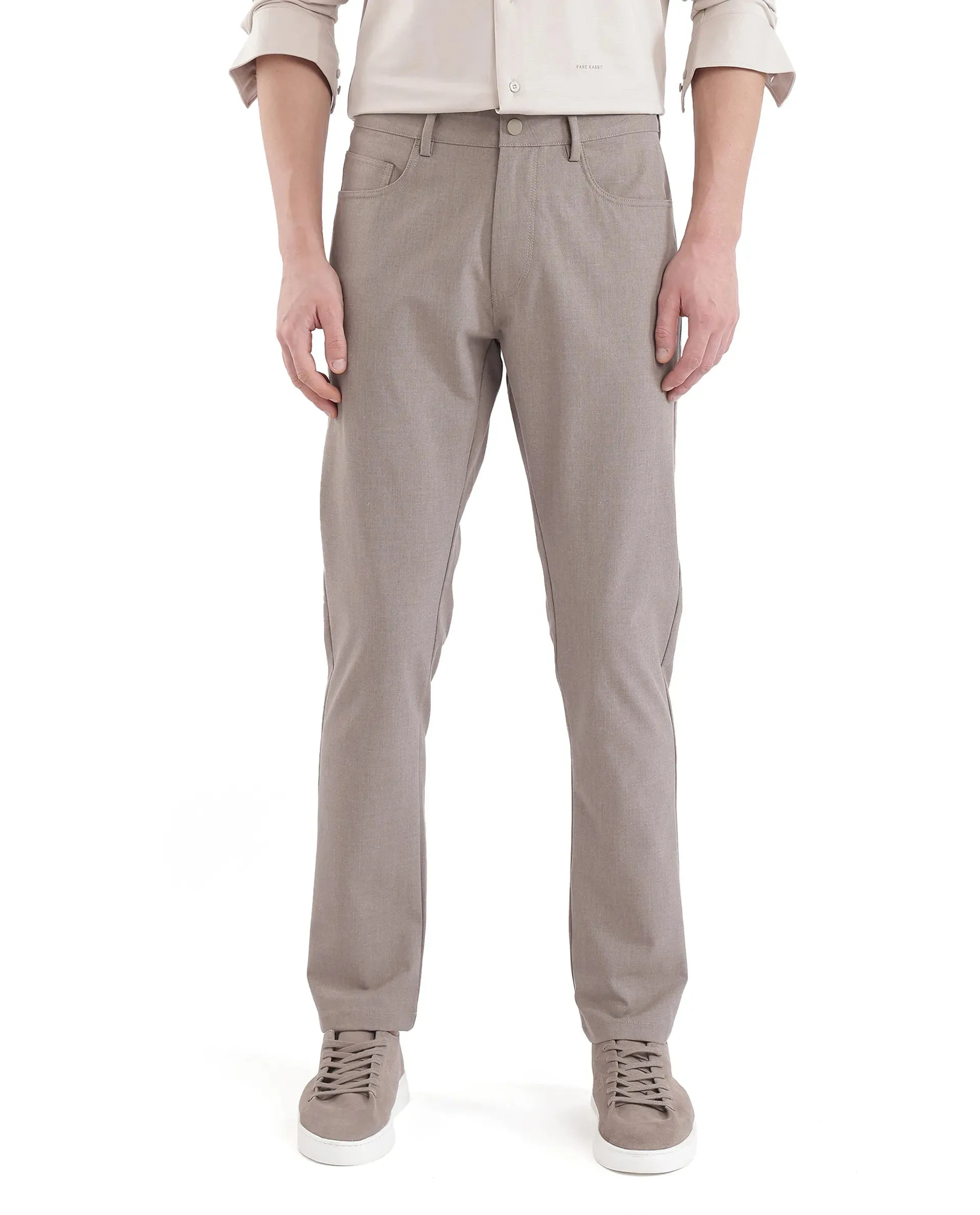 Rare Rabbit Men Fastro Dusky Beige Button Closure Regular Fit Plain Trouser