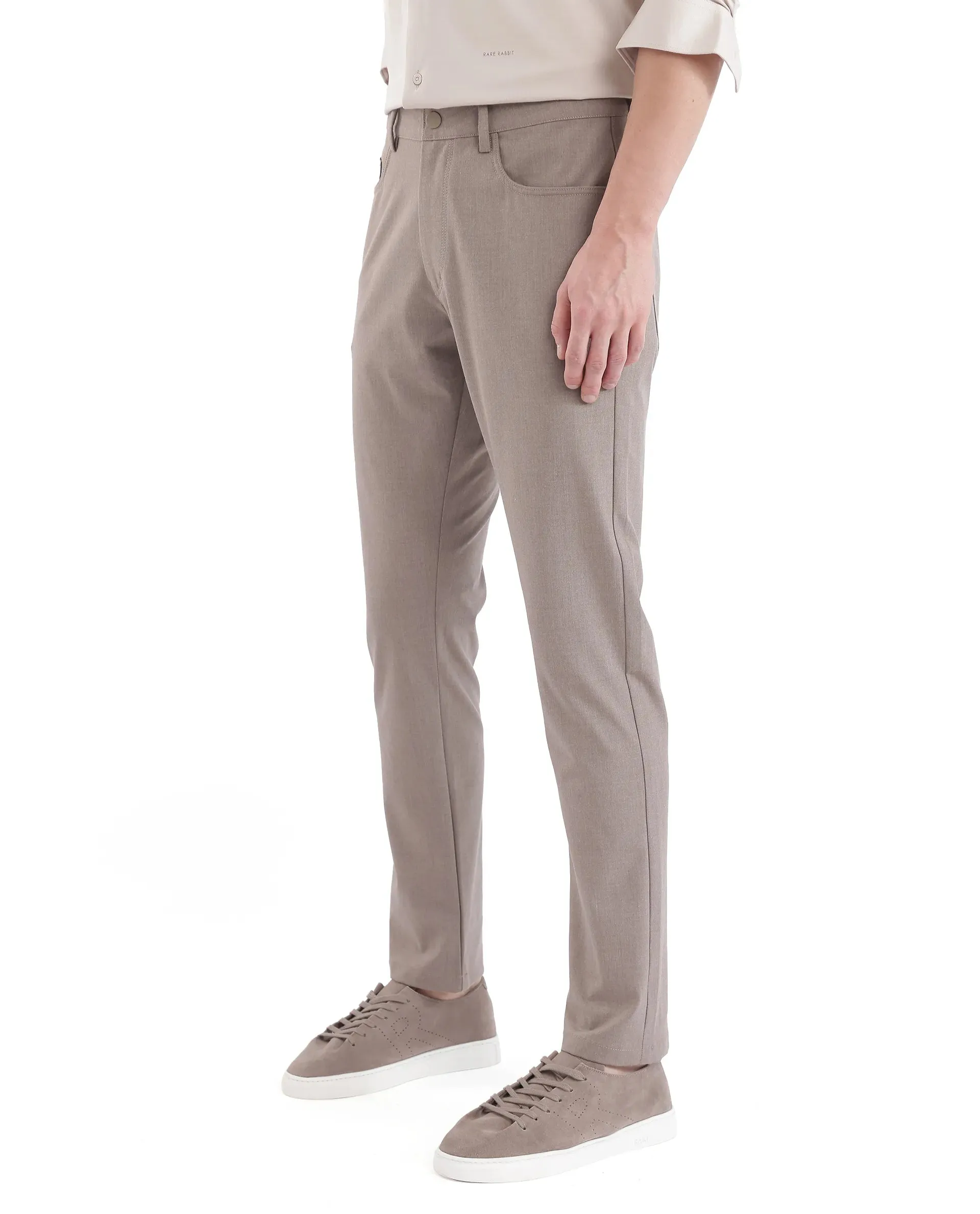 Rare Rabbit Men Fastro Dusky Beige Button Closure Regular Fit Plain Trouser