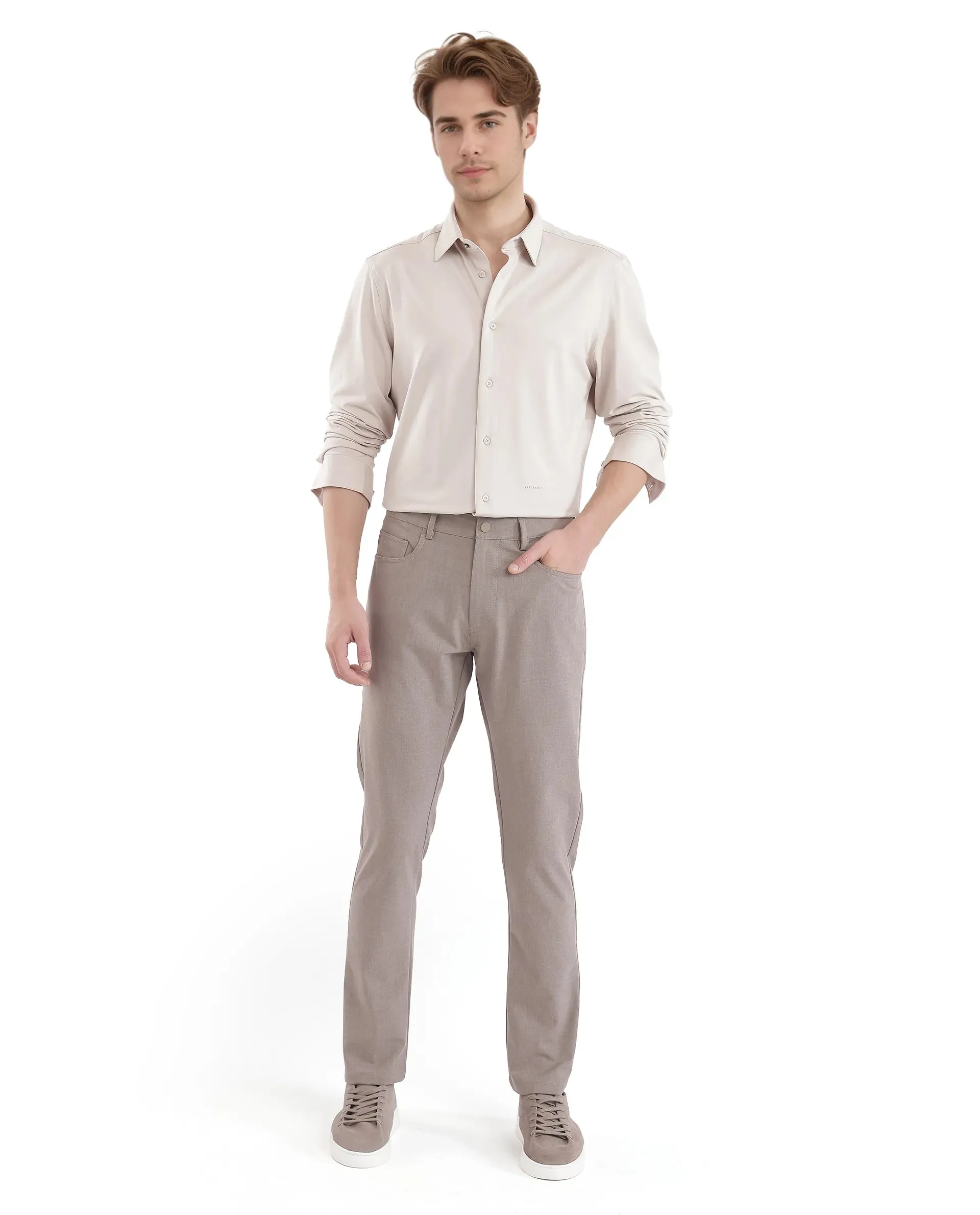 Rare Rabbit Men Fastro Dusky Beige Button Closure Regular Fit Plain Trouser