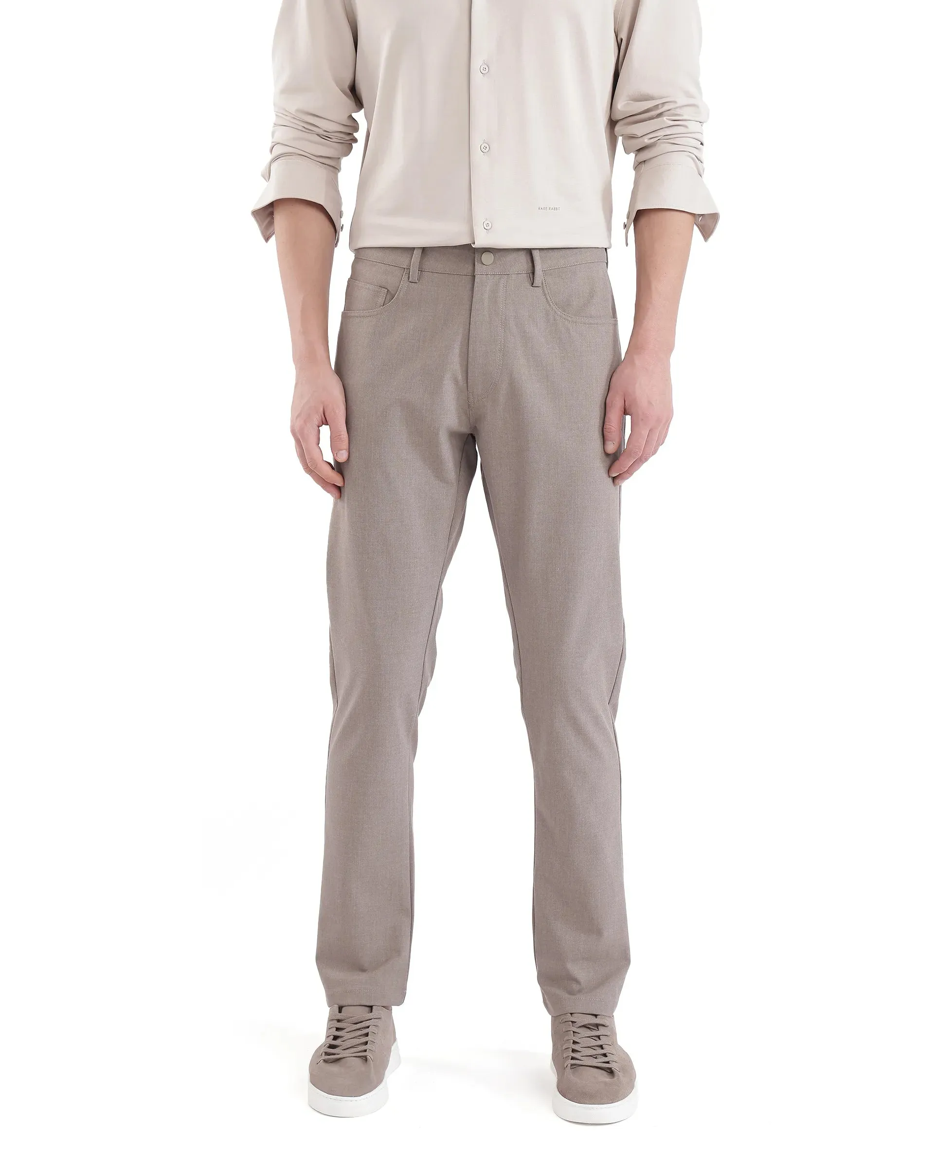 Rare Rabbit Men Fastro Dusky Beige Button Closure Regular Fit Plain Trouser