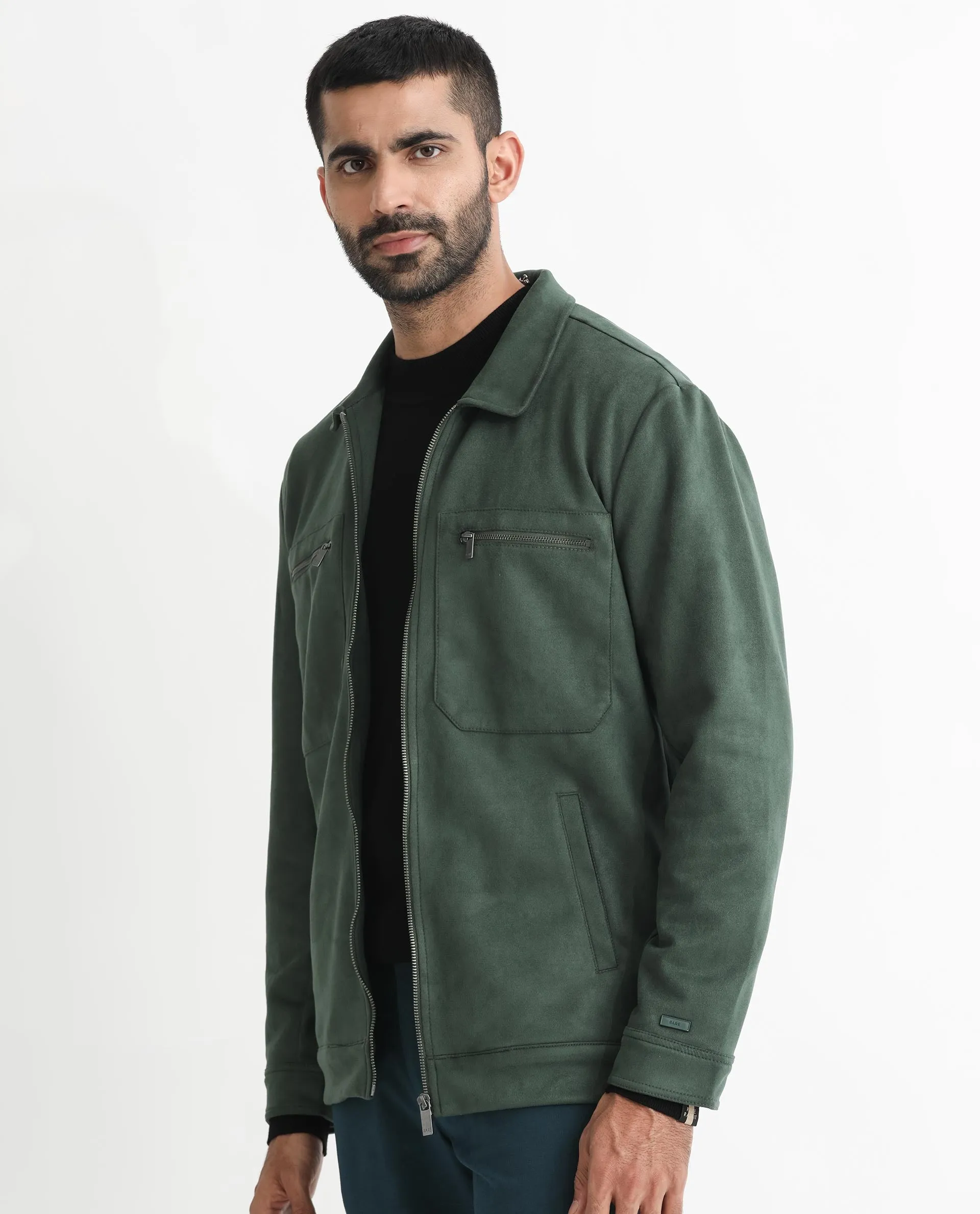 Rare Rabbit Men's Bax Green Suede Full Sleeves Zipper Closure Spread Collar Boxy Fit Solid Jacket