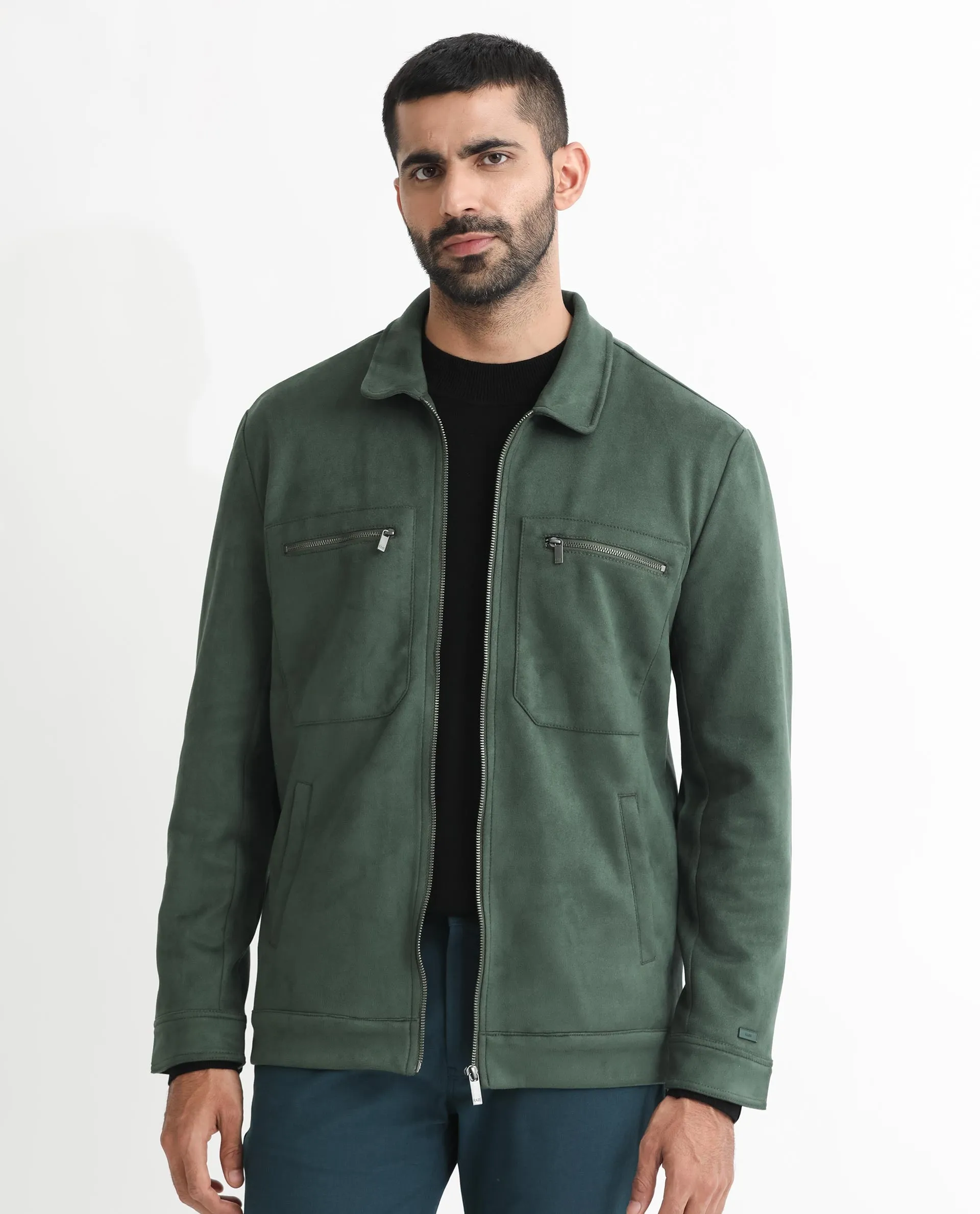 Rare Rabbit Men's Bax Green Suede Full Sleeves Zipper Closure Spread Collar Boxy Fit Solid Jacket