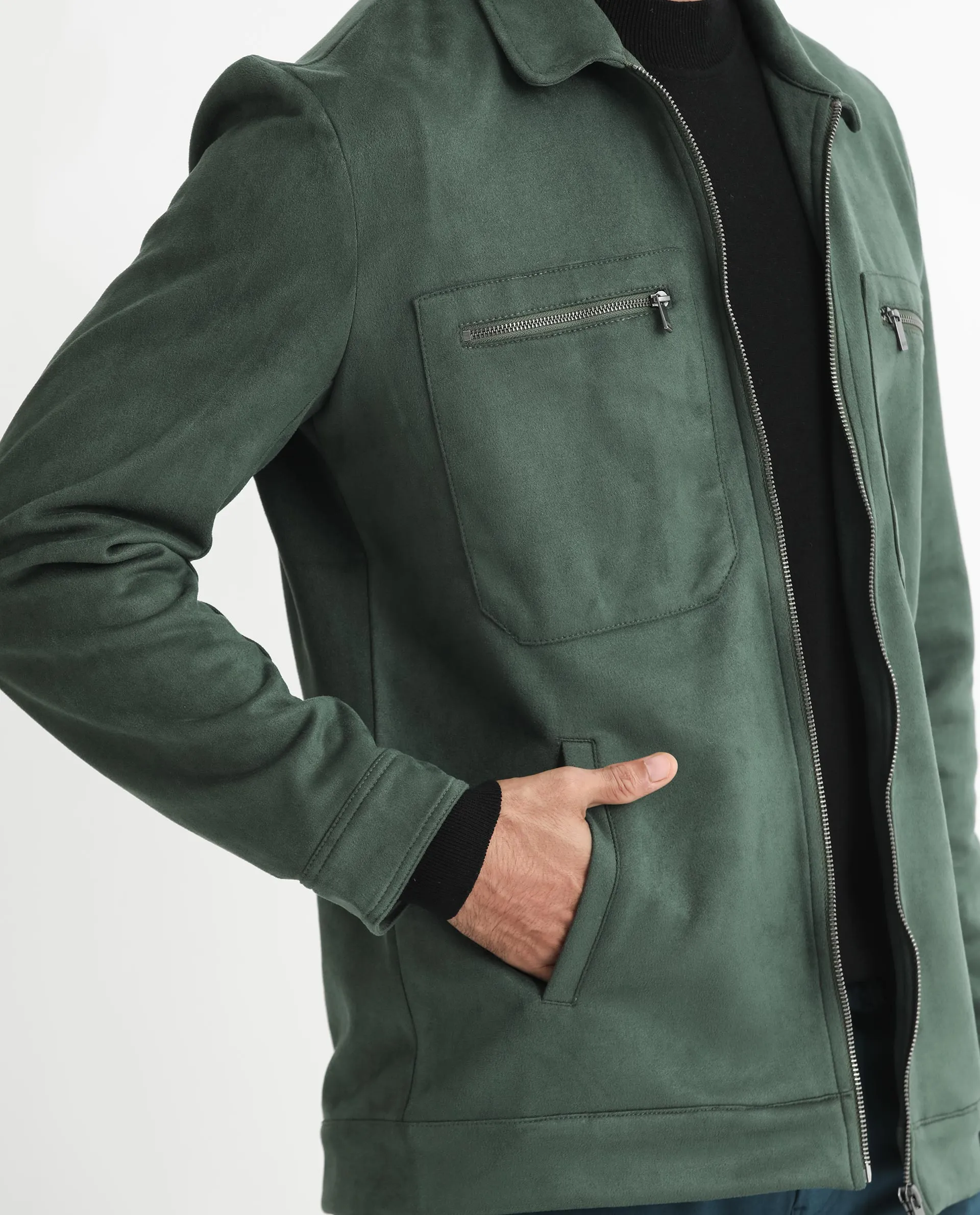 Rare Rabbit Men's Bax Green Suede Full Sleeves Zipper Closure Spread Collar Boxy Fit Solid Jacket