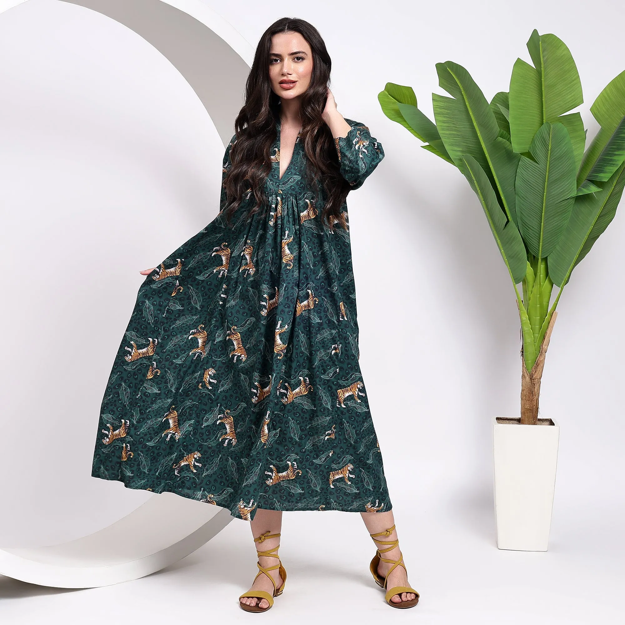 Roar in Style: Teal Tiger Print Cotton Midi Dress