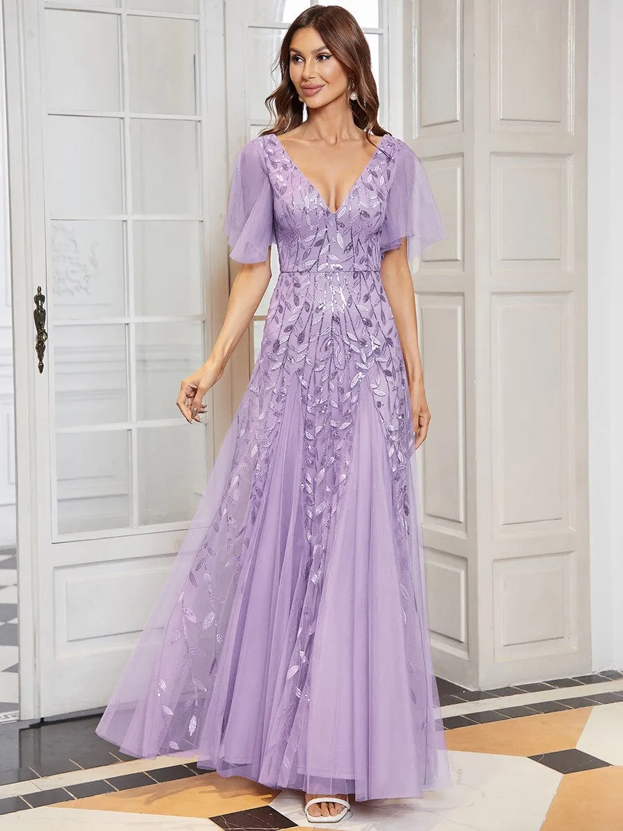 Ruffle Sleeves Leaf Sequin Maxi Bridesmaid Dress