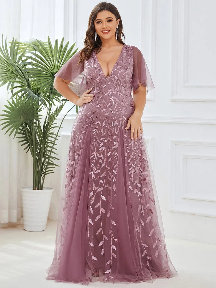 Ruffle Sleeves Leaf Sequin Maxi Bridesmaid Dress