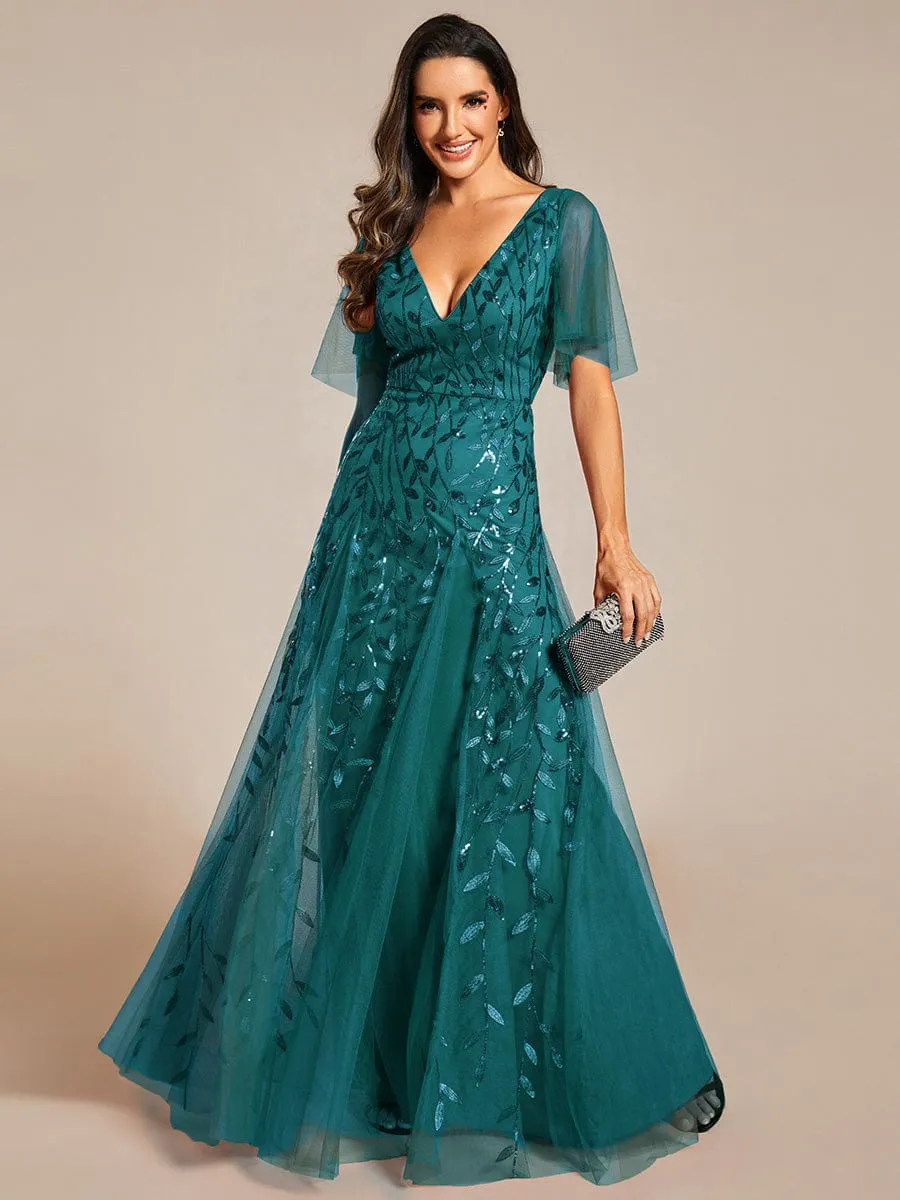 Ruffle Sleeves Leaf Sequin Maxi Bridesmaid Dress