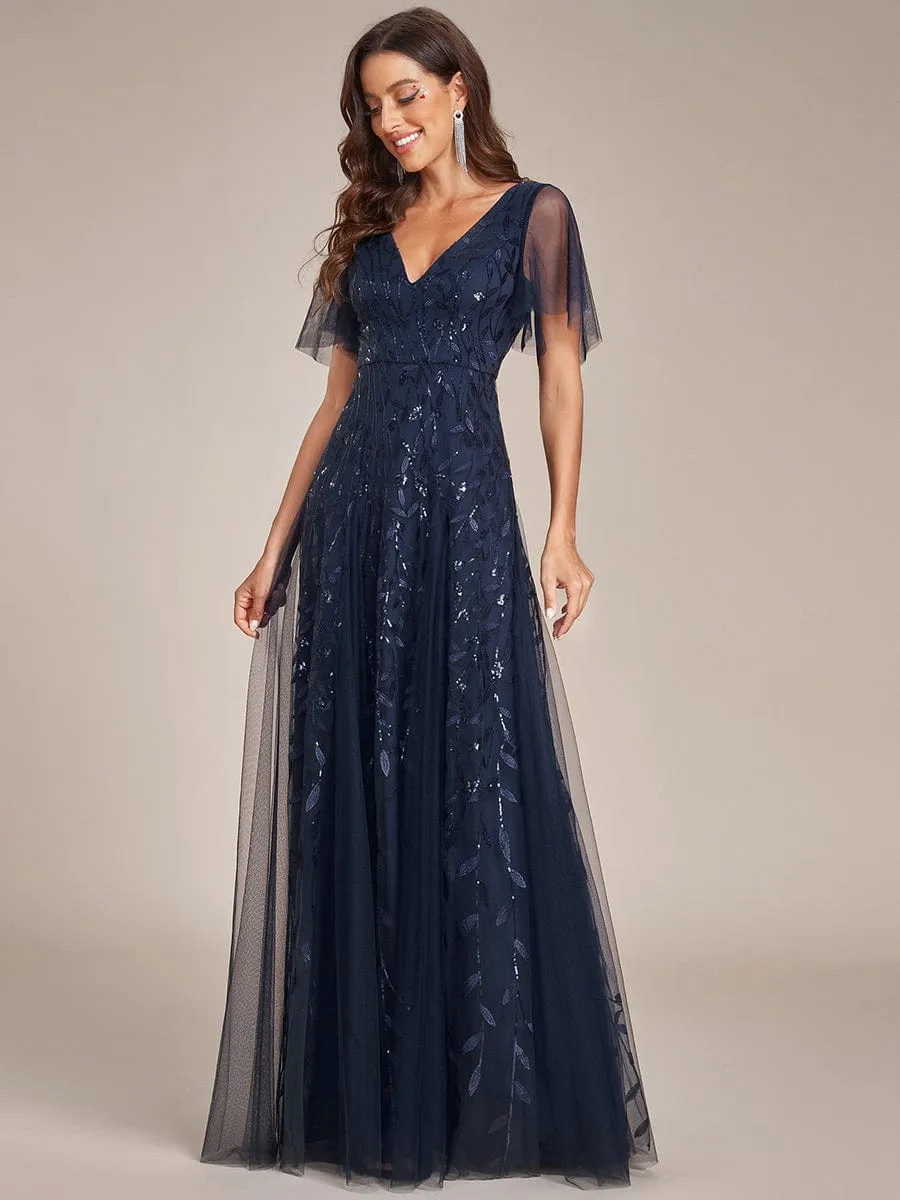 Ruffle Sleeves Leaf Sequin Maxi Bridesmaid Dress