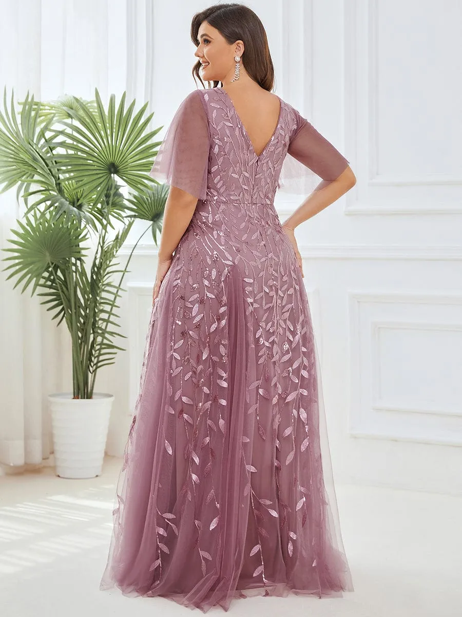 Ruffle Sleeves Leaf Sequin Maxi Bridesmaid Dress