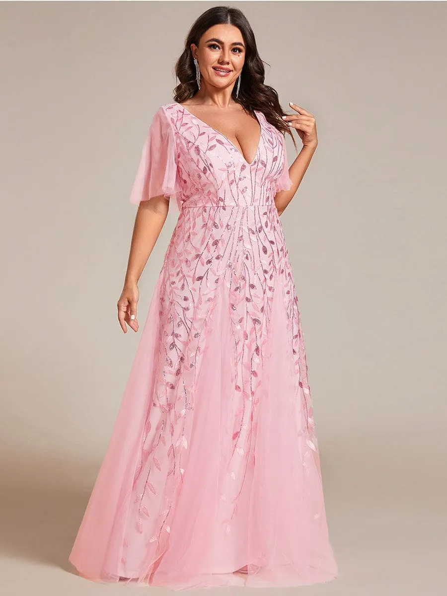 Ruffle Sleeves Leaf Sequin Maxi Bridesmaid Dress