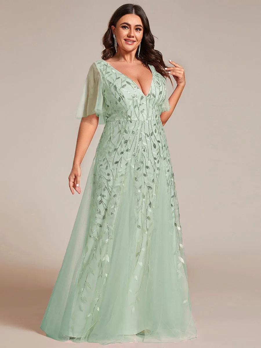 Ruffle Sleeves Leaf Sequin Maxi Bridesmaid Dress