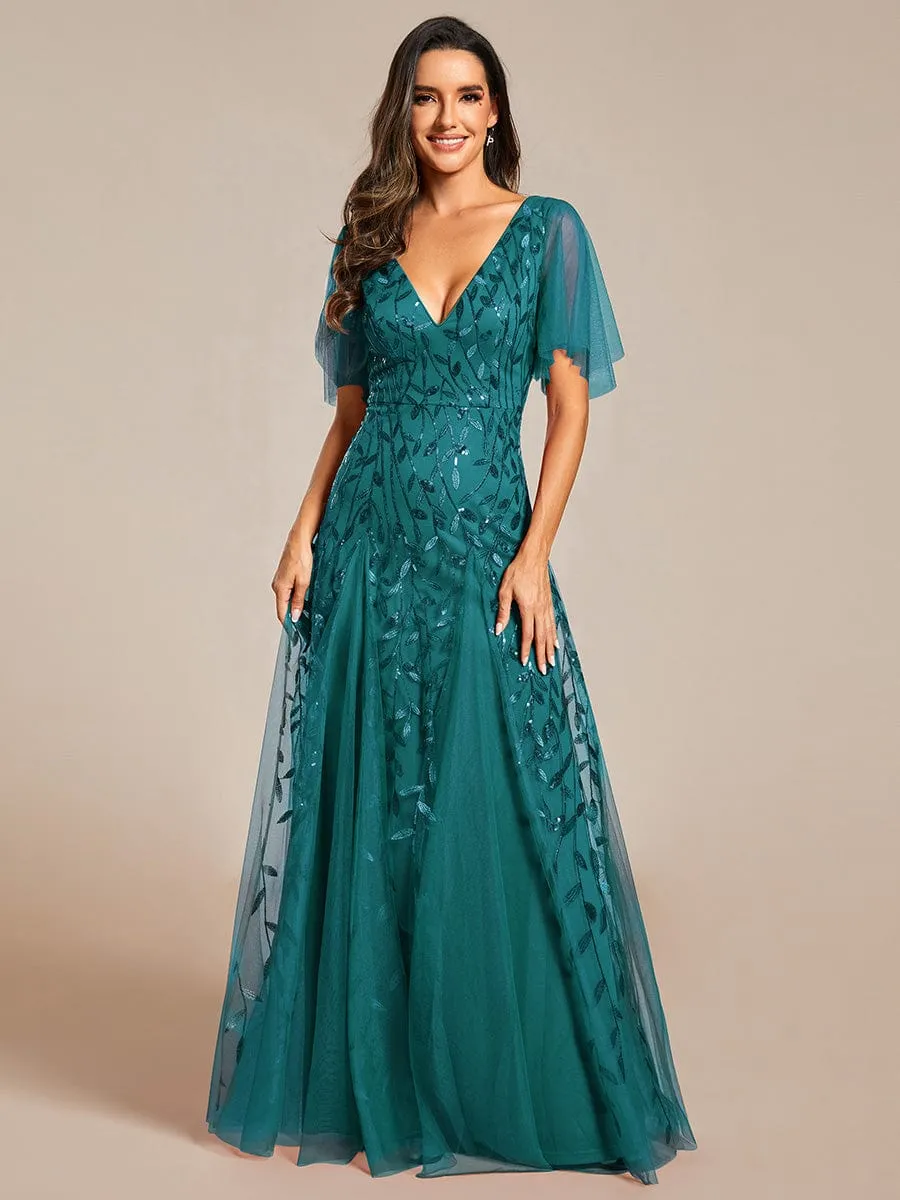 Ruffle Sleeves Leaf Sequin Maxi Bridesmaid Dress