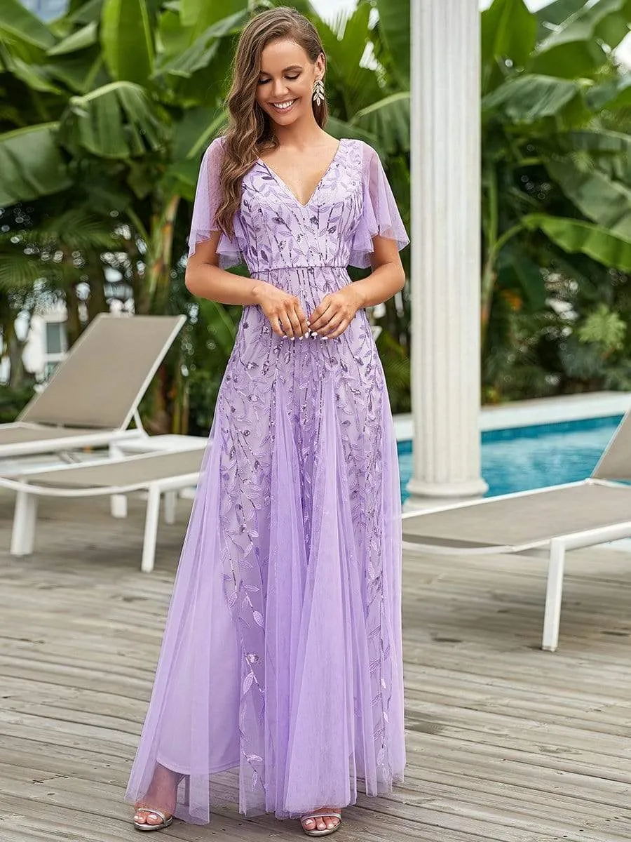 Ruffle Sleeves Leaf Sequin Maxi Bridesmaid Dress