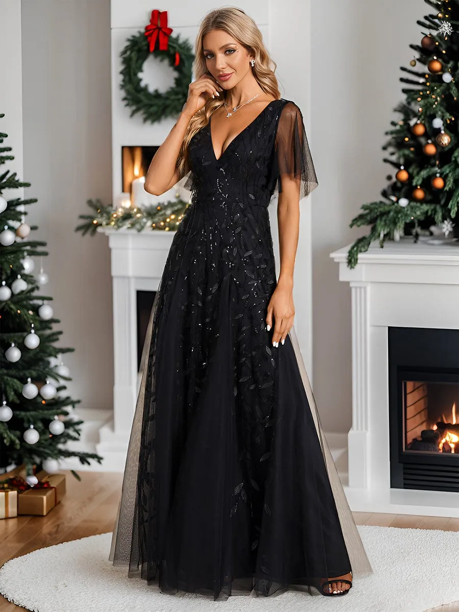 Ruffle Sleeves Leaf Sequin Maxi Bridesmaid Dress