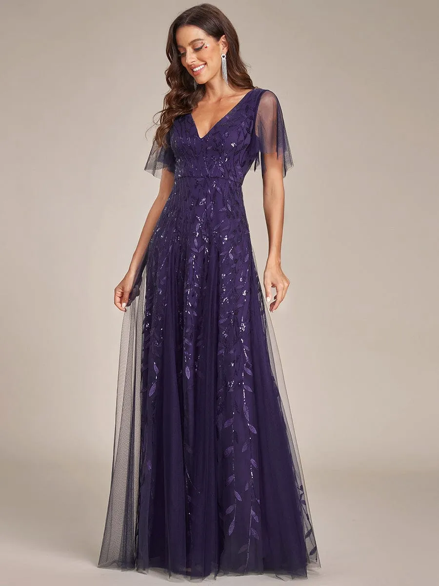 Ruffle Sleeves Leaf Sequin Maxi Bridesmaid Dress